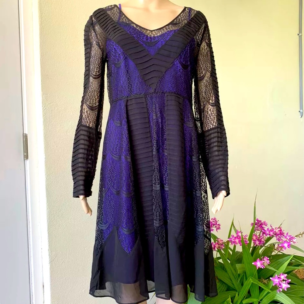 BCBG Maxazria purple black lace long sleeve dress S